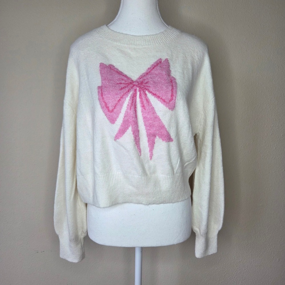 Womens Cropped Knit Sweater‎ Pink Bow Coquette Barbiecore Pullover